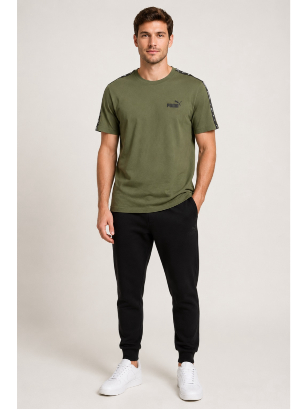 Puma Men’s Olive Green Logo Tape T-Shirt – Size Large